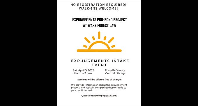 WFU Pro Bono Project to assist with expungement petitions on May 5 at Central Library